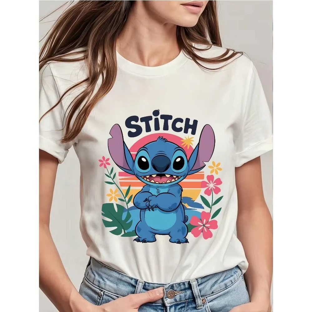 

MINISO Stitch Short-Sleeve TShirt for Women Cute Cartoon Print with Tropical Floral Sunset Design Soft Crew Neck Top Casual Wear