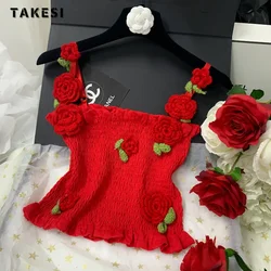 Women Hotsweet 3D Floral Decoration Sleeveless Red Tanks Top 2024 Summer Beach Style Slim Fit Crop Top Female Suspender Vest