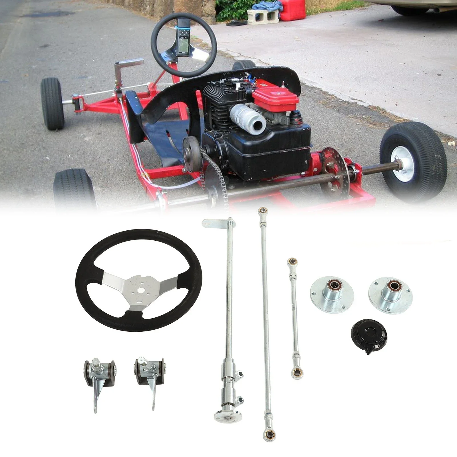 Go Karts Steering Wheel Kit Smooth  High Performance 300mm Better Grip Shaft Tie Rod Rack Kit for 150cc‑250cc Engine