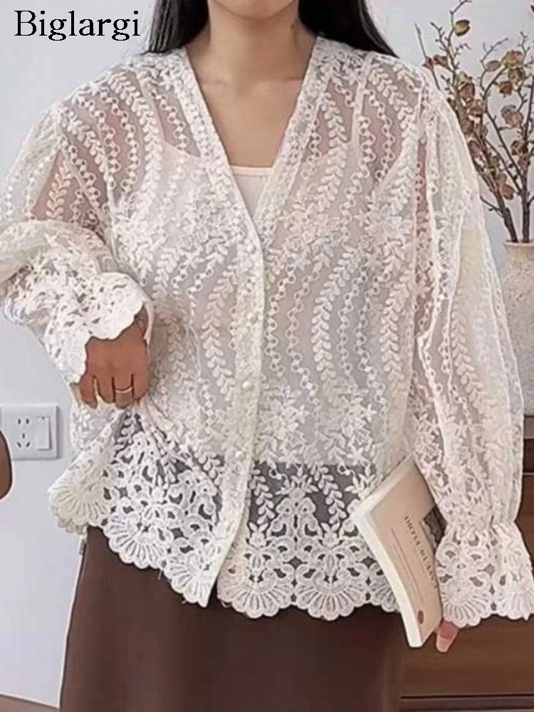

Spring Summer Sheer Lace Blouse Shirt Women Korean Style New Fashion V Neck Blouses Ladies Tops Flare Sleeve Woman Blouse 2026