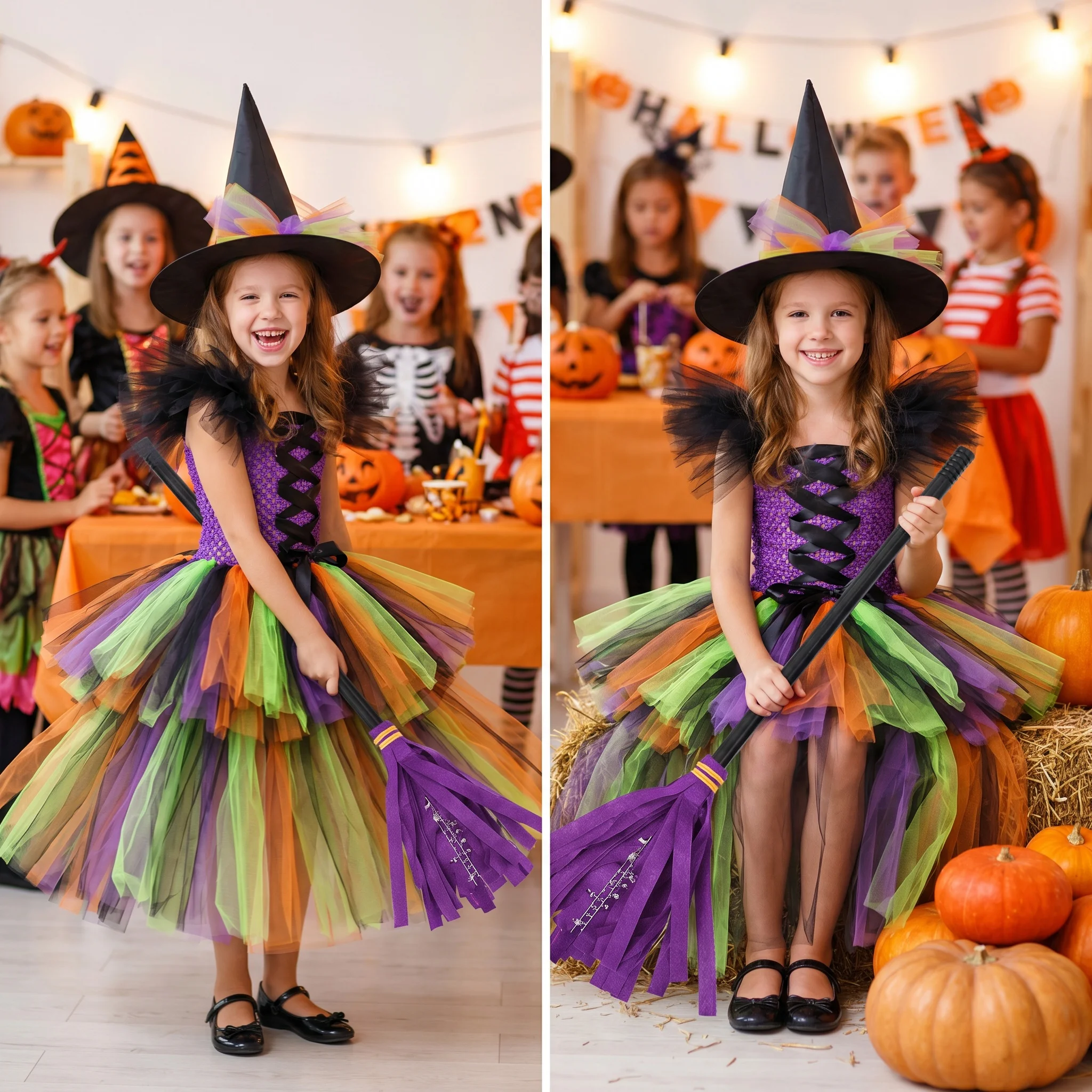 High Low Witch Long Costumes for Girls Witches Halloween Trailing Tutu Dress with Hat Broom Kids Carnival Party Disguise Outfit