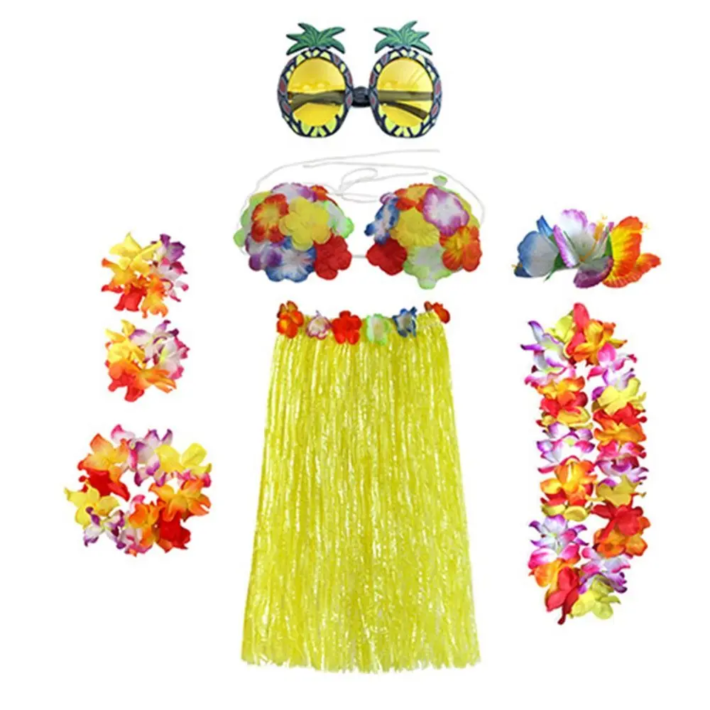 8 sztuk / zestaw Dekoracja imprezowa Okulary Naszyjnik Opaski na rękę Hawajska spódnica Hula Zestaw Fancy Dress Opaska na głowę Kostiumy Akcesoria imprezowe