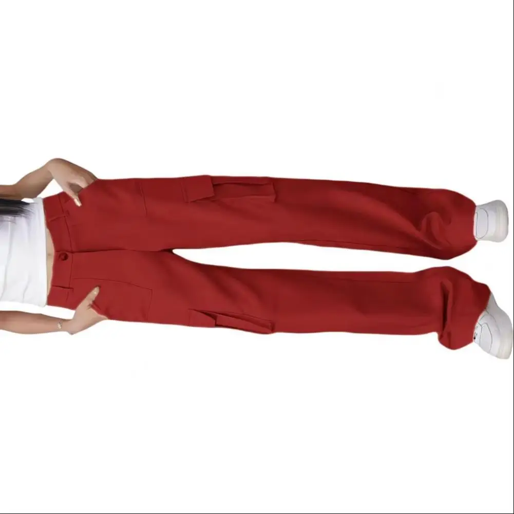 กางเกงเย็บกระเป๋าเสริมความแข็งแรง กางเกงสีทึบ กางเกงคาร์โก้เอวสูงสำหรับผู้หญิงมีสไตล์พร้อมกระดุมเพื่อความทนทาน