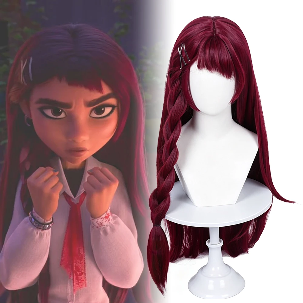 Hexed Billie Doe Cosplay Burgundy Long Side Braid Wig with Bangs Heat Resistant Synthetic Hair for Halloween & Cosplay Conventio