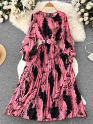 Women Spingh Autumn Dress Vintage Printed Heavy duty Pleated Dress Celebrity Temperament Small Stand Collar Fitted Dress D2038