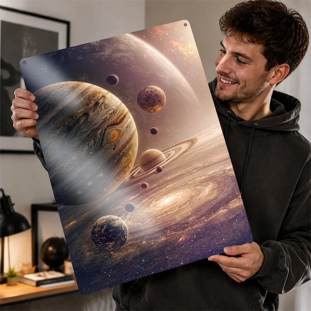 Ringed Planets With Galaxy Printed Poster Celestial Wall Art For Living Room Personalized Aluminum Metal Sign Science Fan Gift