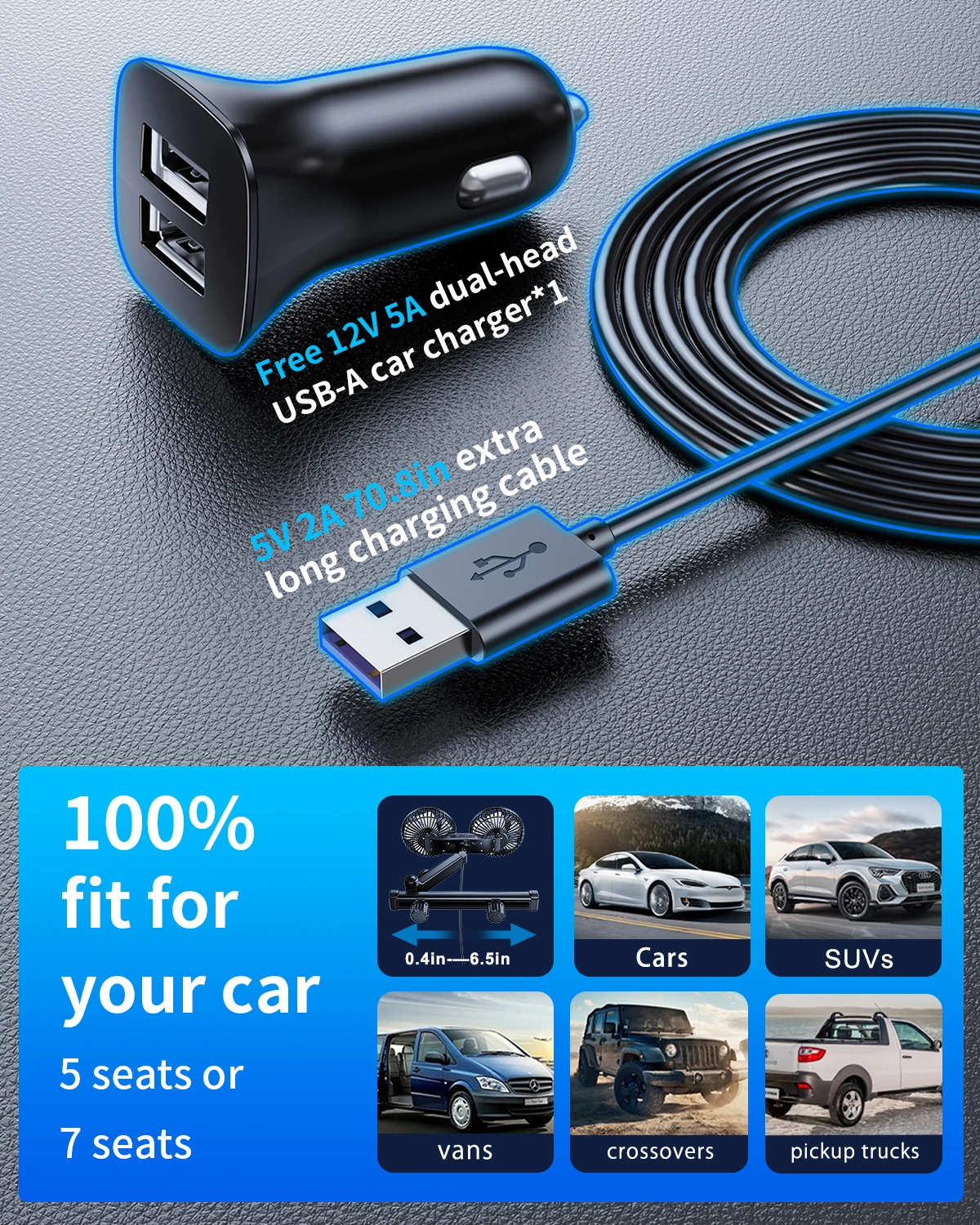 Eary-ventilador de doble cabezal para asiento trasero de coche, asiento trasero con 3 velocidades de viento, ventilador de refrigeración de aire ajustable multiángulo 360 con 2 ganchos ocultos