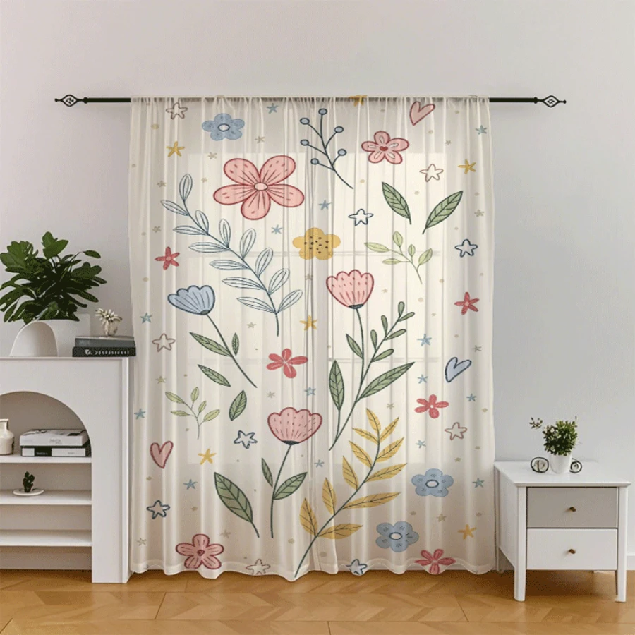 2PCS Digital Printed Sheer Curtain, Creamy Floral Fun Print, Soft Pastel Whimsical Garden for Living Room Bedroom Home Decor