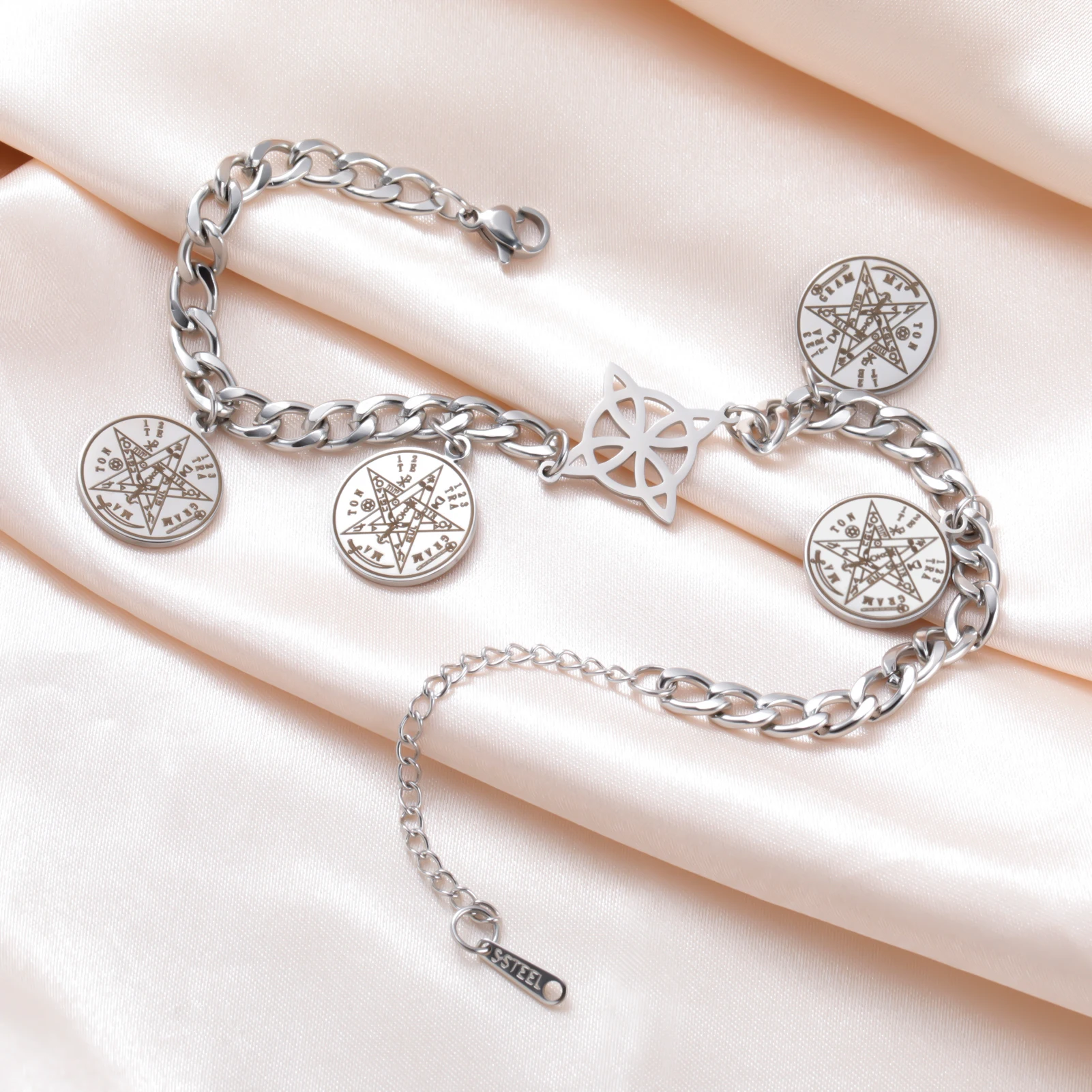 Lucktune الساحرة عقدة Tetragrammaton الله اسم ختم سوار Charm الفولاذ Seel المرأة اليد أساور سليمان تميمة مجوهرات