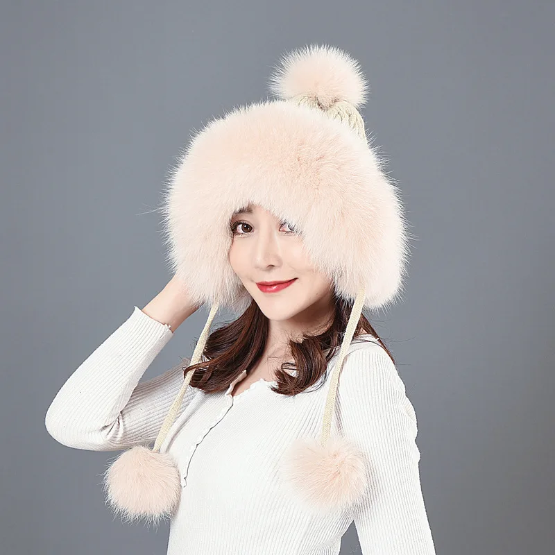 Women's Warm Fox Fur Hat New Winter Warm Knitted Lei Feng Hat With Velvet Yarn Sweet Cute Fur Cap Ear Protection Cap Stock
