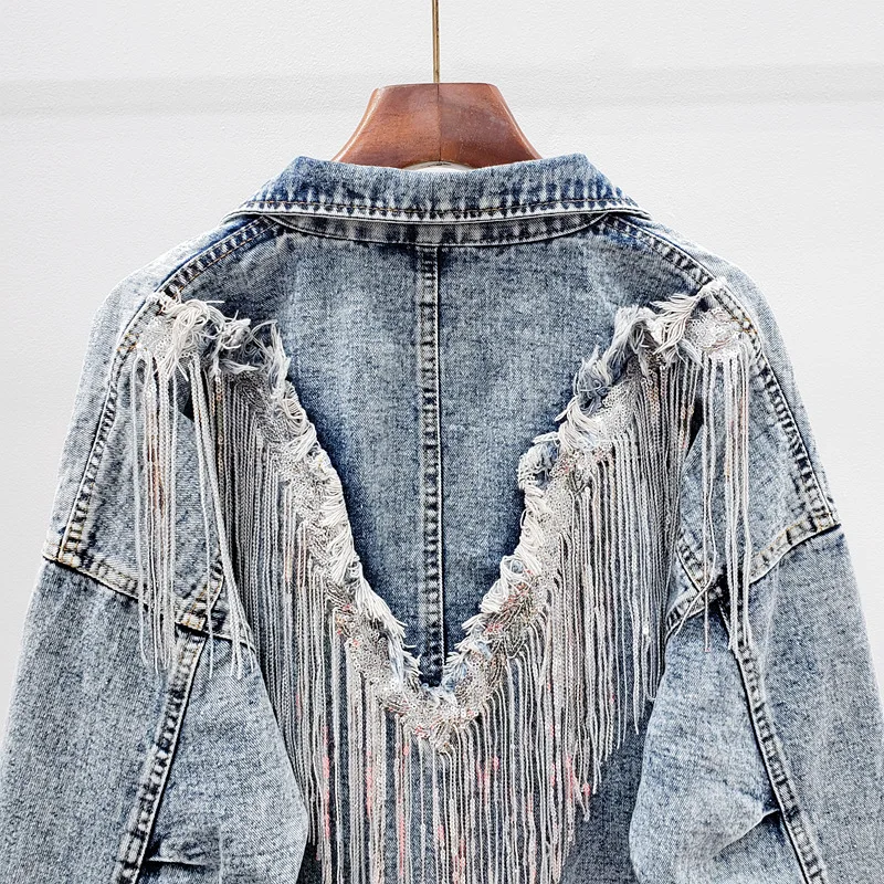 

Korean Style Denim Jacket Women's Spring Autumn New Sequins Tassel Loose Thin Short Denim Top Casual Blue Jean Jacket