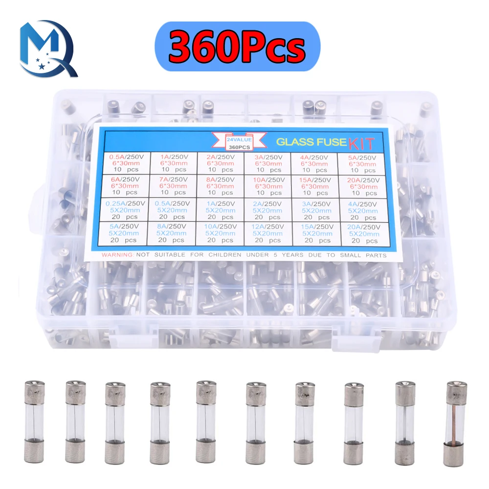 360pcs Fast-Blow Glass Tube Fuses Car Glass Tube Fuses Assorted Kit with Box fusiveis 0.25A-20A Household Fuses