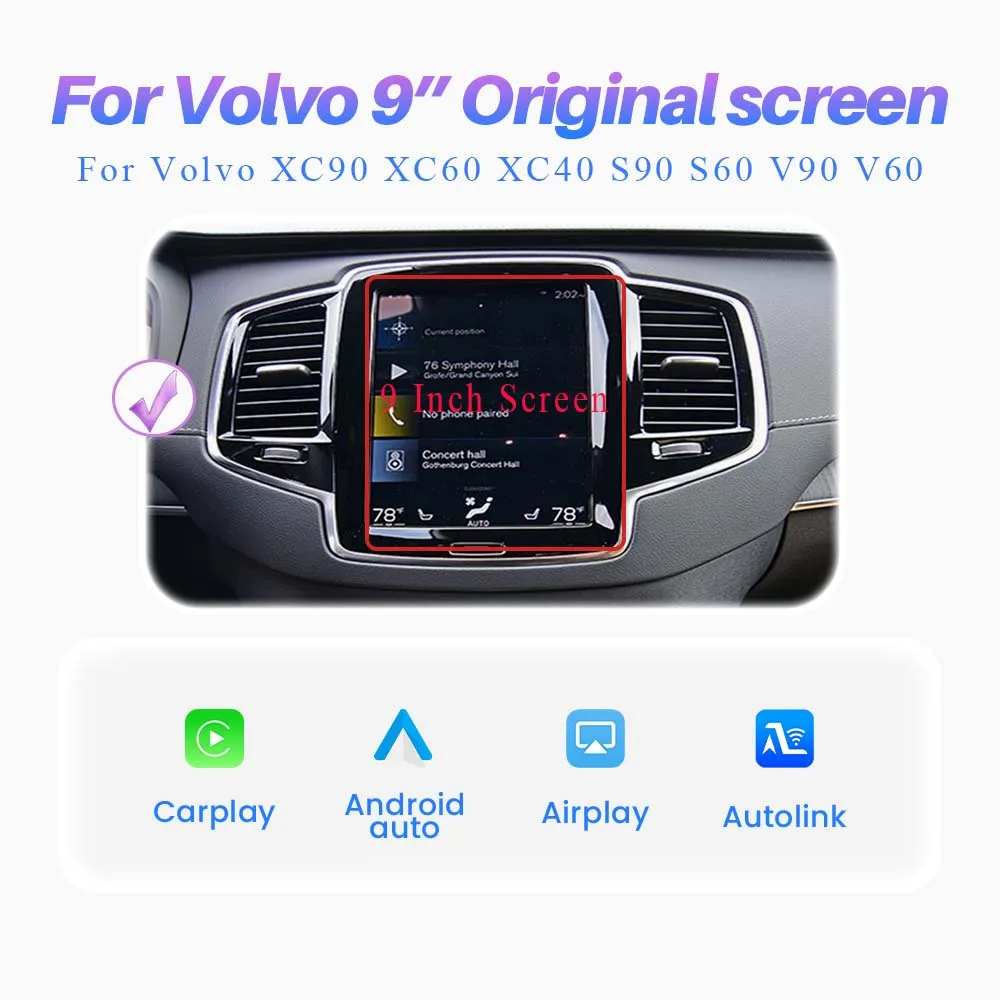 BONROAD Draadloze CarPlay Android Auto Interface voor Volvo 9'' Scherm V60 V90 S60 XC40 XC60 XC90 S60 S90 Navigatie BT Auto Box