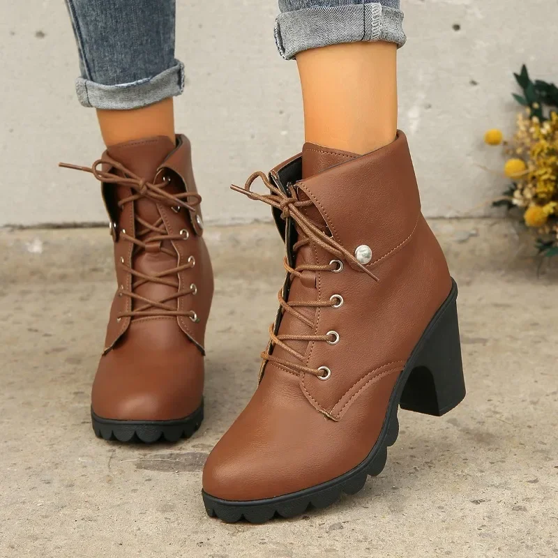 2024 New Hot Selling Fashion Women's Shoes Women's Boots Winter Ankle Boots Women's Cuffed Round Toe Lace-up Block Heels