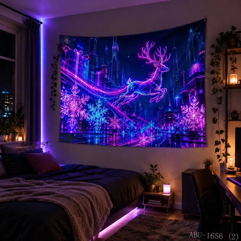 VIKAMA Neon Light Track Fairy Deer Cyber City Ice Crystal Snow Christmas Tapestry Wall Hanging Decor for Living Room