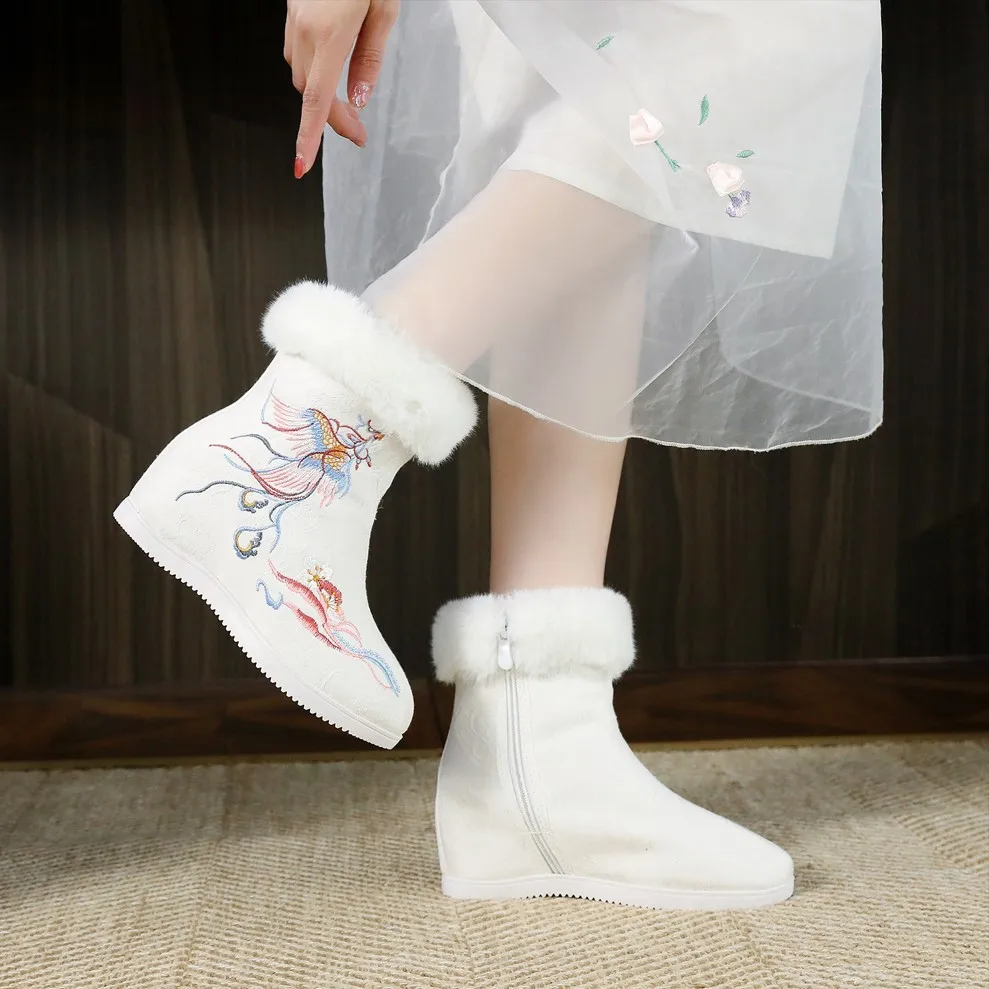 2026 Winter Women's White & Apricot Beige Phoenix Embroidery Fur-Lined Ankle Boots Warm Casual Short Boots Q-206