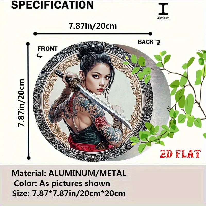 [2D Flat] 1pc Tattoo Round Aluminum Sign - Warrior Metal Wall Art, Female with Sword, Rustic Bohemian Style, 19.99cm Round Frame