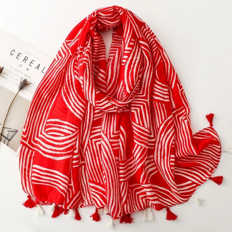 Modischer weicher Schal aus Viskose mit geometrischer Quaste, Boho-Chic, dünne Tücher und Wraps für Damen, perfekt für Reisen und Freizeit, muslimischer Hijab 2029