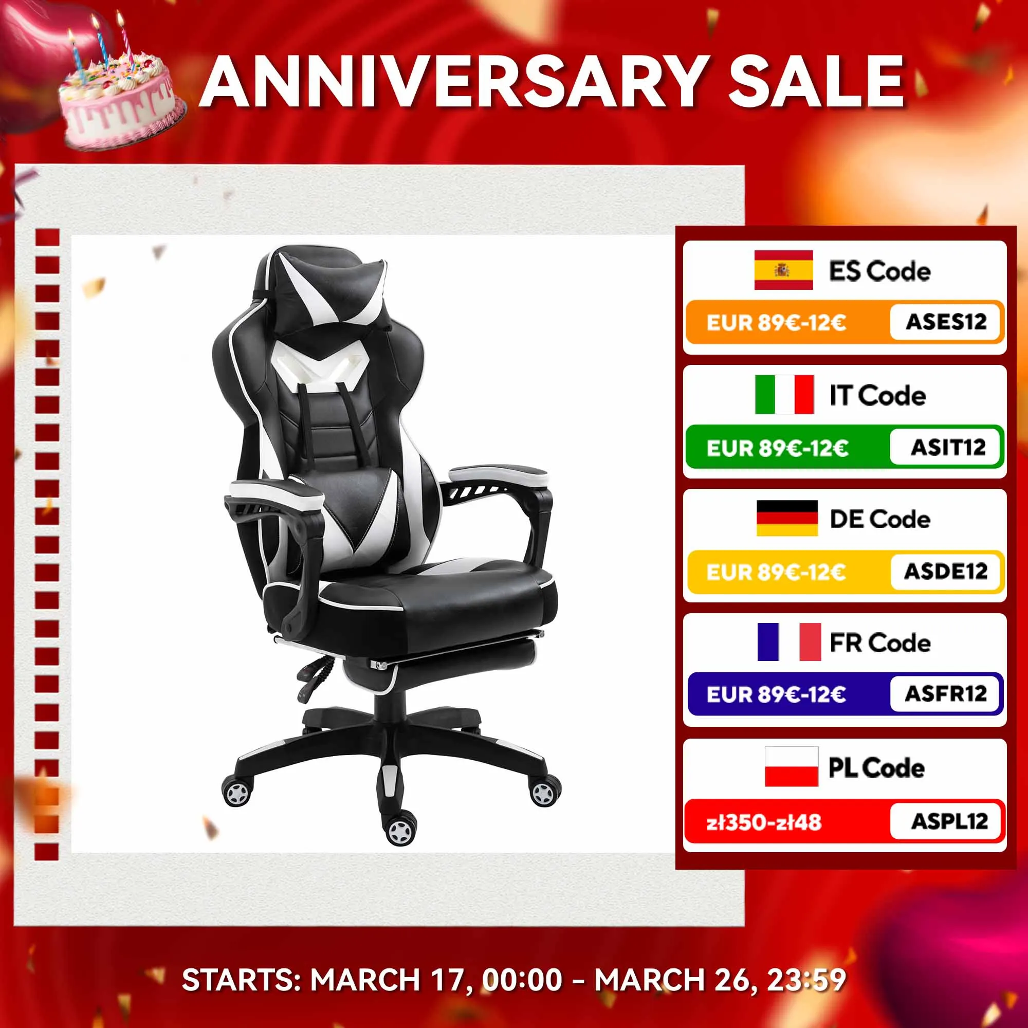 Vinsetto sedia da corsa ergonomica schienale reclinabile 65x70x118,5-126,5cm bianco