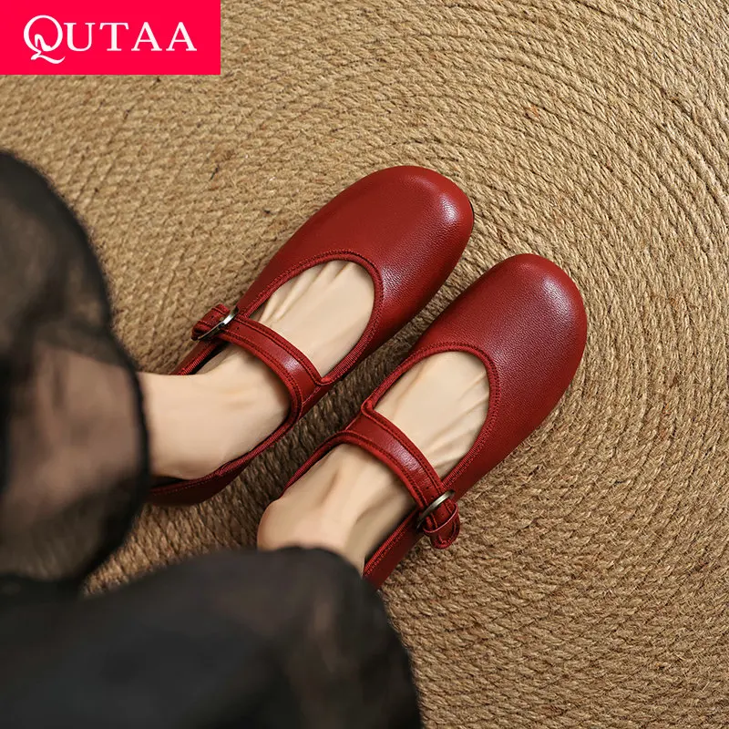

QUTAA 2025 Fashion Spring Women Flats Shoes Casual Genuine Leather Ballet Pointed Toe Mary Jane Shoes Heels Woman Size 34-43