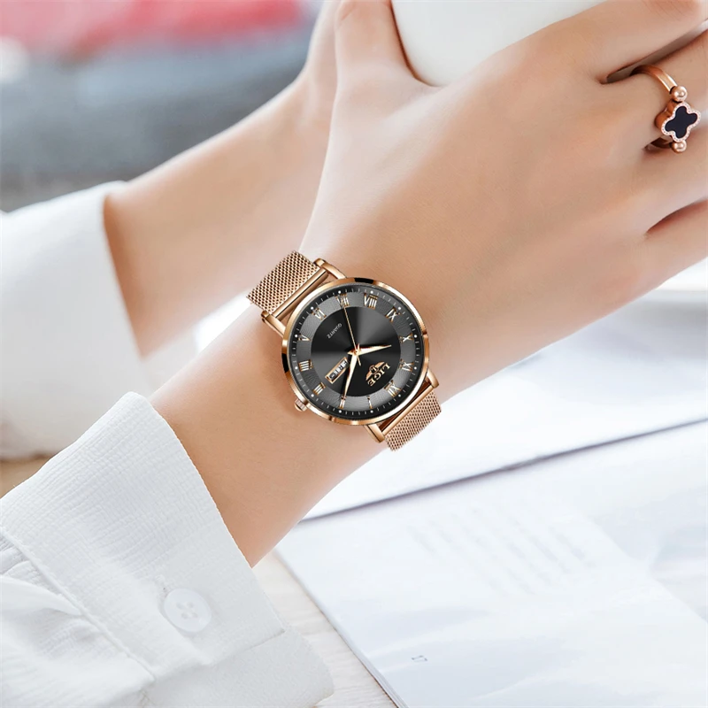 LIGE Women Watch Bracelet Quartz Clock Movement Simple Waterproof Rose Gold Stainless Steel Mesh Ladies Watches Relogio Feminino