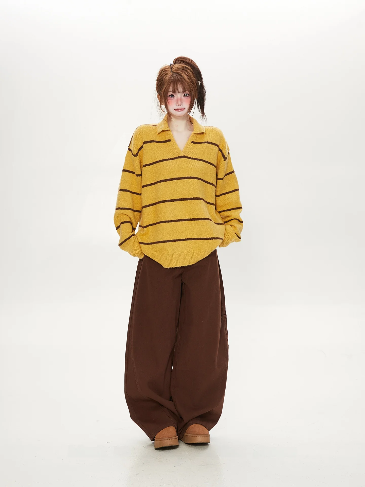 

American Retro Striped Collared Sweater Women's Loose Autumn Winter Casual Knitted Top for Couples Comfortable Leisure Wear