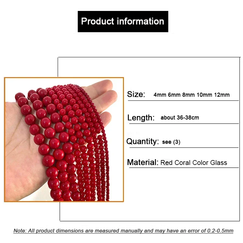 Round Red Coral Glass Beads Loose Smooth Natural Spacer Stone Bead For Jewelry Making DIY Bracelet Earrings Accessories 4-12MM