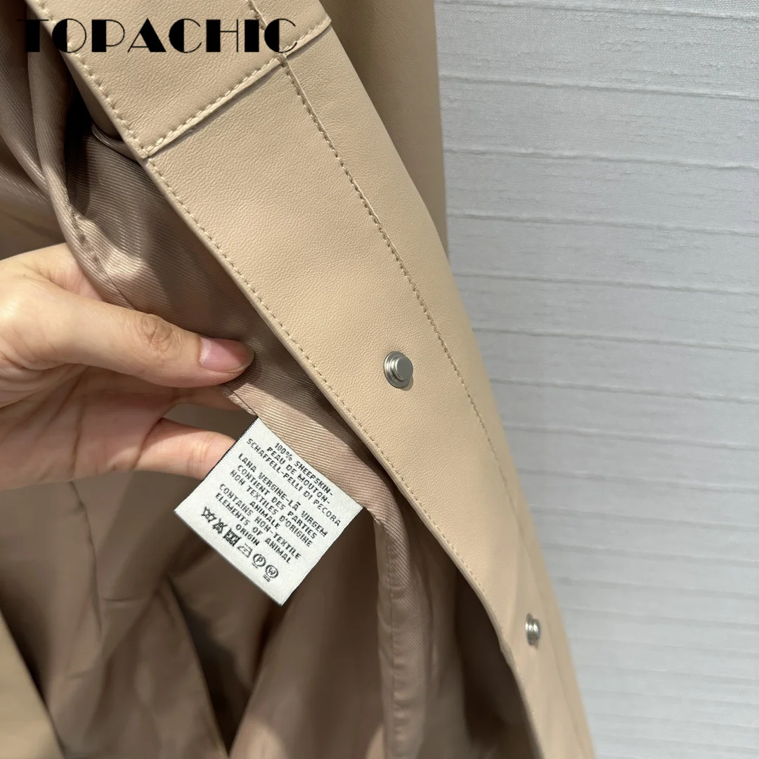 8.24 TOPACHIC-Women\'s Temperament Big Pocket Midi Coat 2024 Autumn New Lapel Covered Button Genuine Leather Split Outerwear