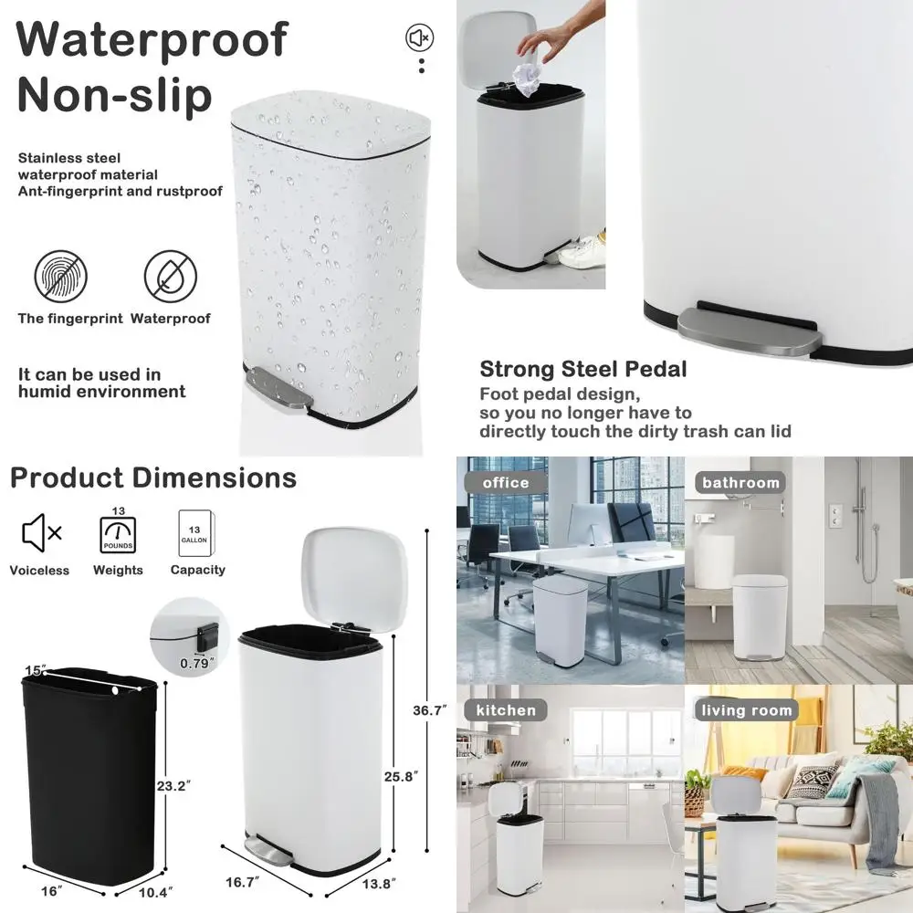 

13 Gallon Stainless Steel Pedal Trash Can with Plastic Bin, Odor-Proof, Finger-Resistant, White
