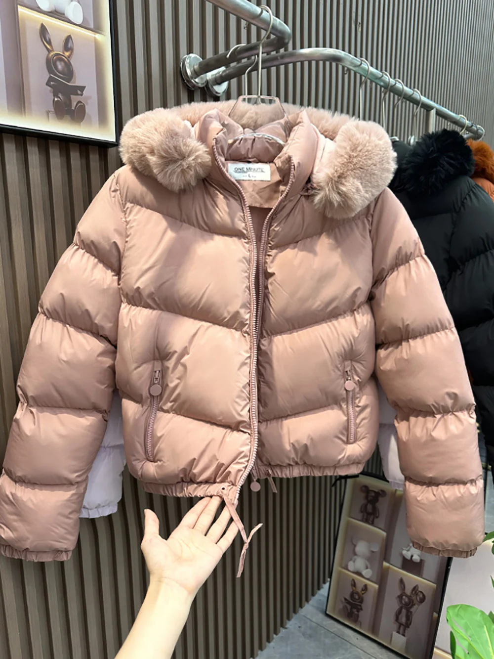 Women\'s Cotton Padded Coats Autumn Winter Fashion Solid Color Fur Collar Hooded Quilted Jackets Thick Warm Short Outerwear