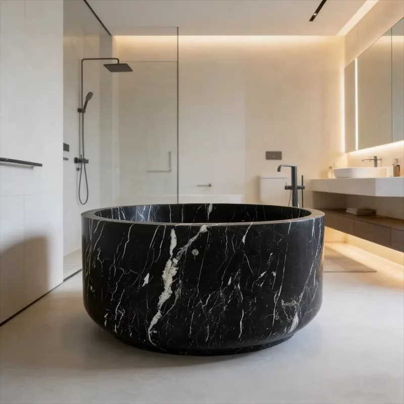 Modern Design Natural Stone Nero Marquina Marble Round Bathtub For Bathroom Use
