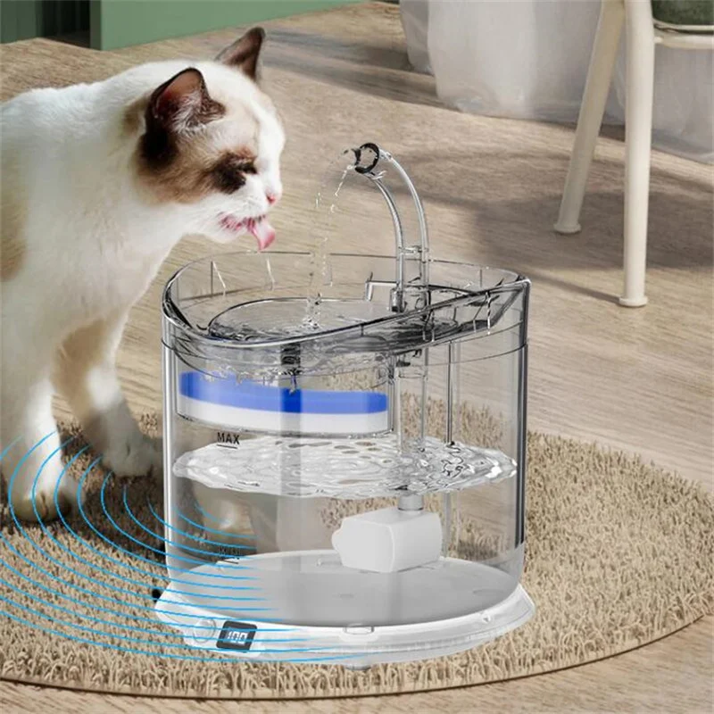 

2L Round Drink Water Fountain Cat Accessories without Cable Wireless Pet Water Dispenser Troughs with Replaceable Filter