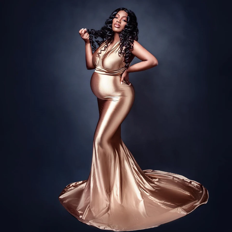 gold mermaid maternity dress Momyknows Glitter Sequin One Shoulder Mermaid Elegant Christmas Evening Gown Maternity Photoshoot Maxi Dress Rose Gold / M main image 0