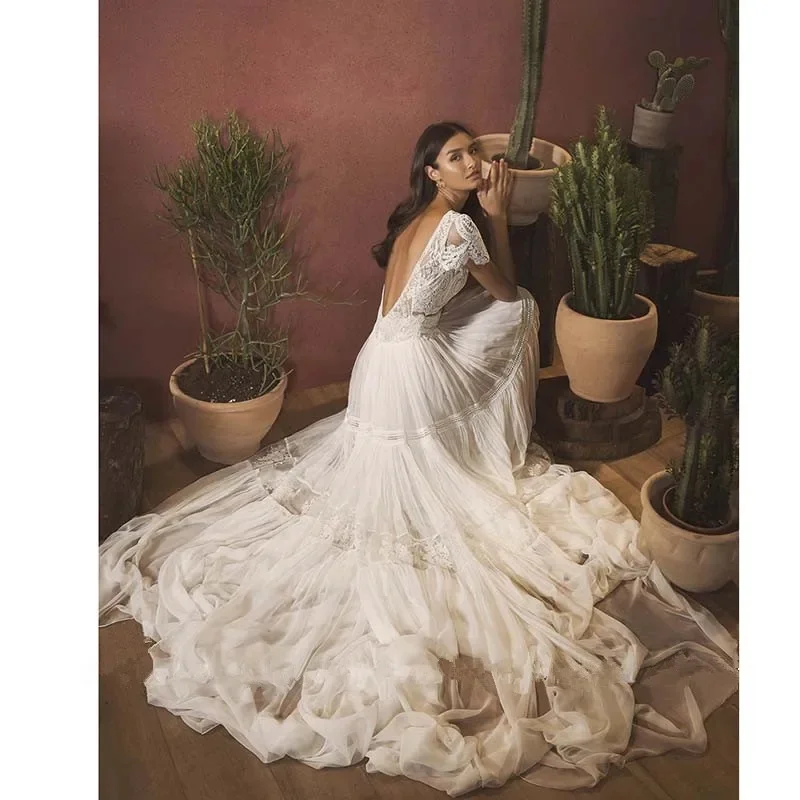 

Bohemian Church Wedding Dress Lace Floral Round Neck with Open Back Elegant Long Train Customizable Bridal Gown