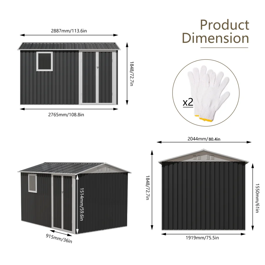 9*6 FT Metal Garden Shed for Patio Backyard Tools House Storage Shed with One Window 9.5 x 6.7FT For Garden, Backyard, Patio