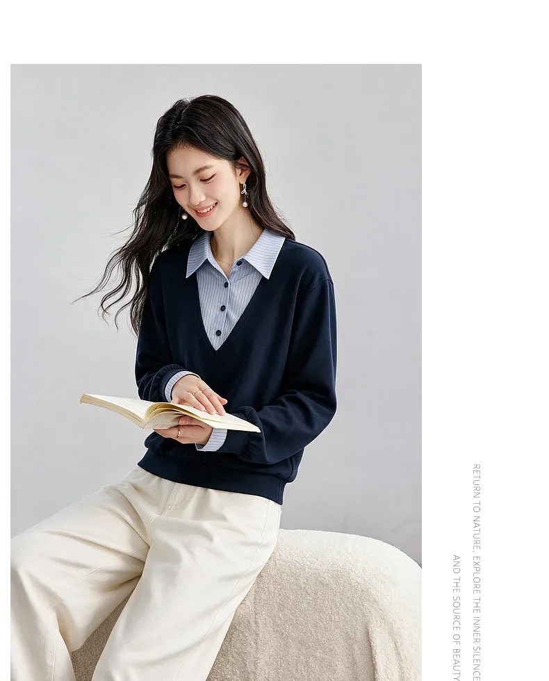 VIMLY Fake Two-piece Striped Collar Sweatshirt for Women 2026 Autumn Coffee Color Commute Casual Loose-fit Female Pullover A7577