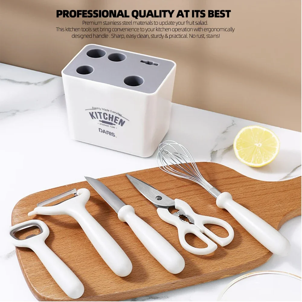 Household Multifunction Kitchen Gadget Set 6 Pieces Stainless Steel White Scissors Egg Beater Combination Set With Storage Box