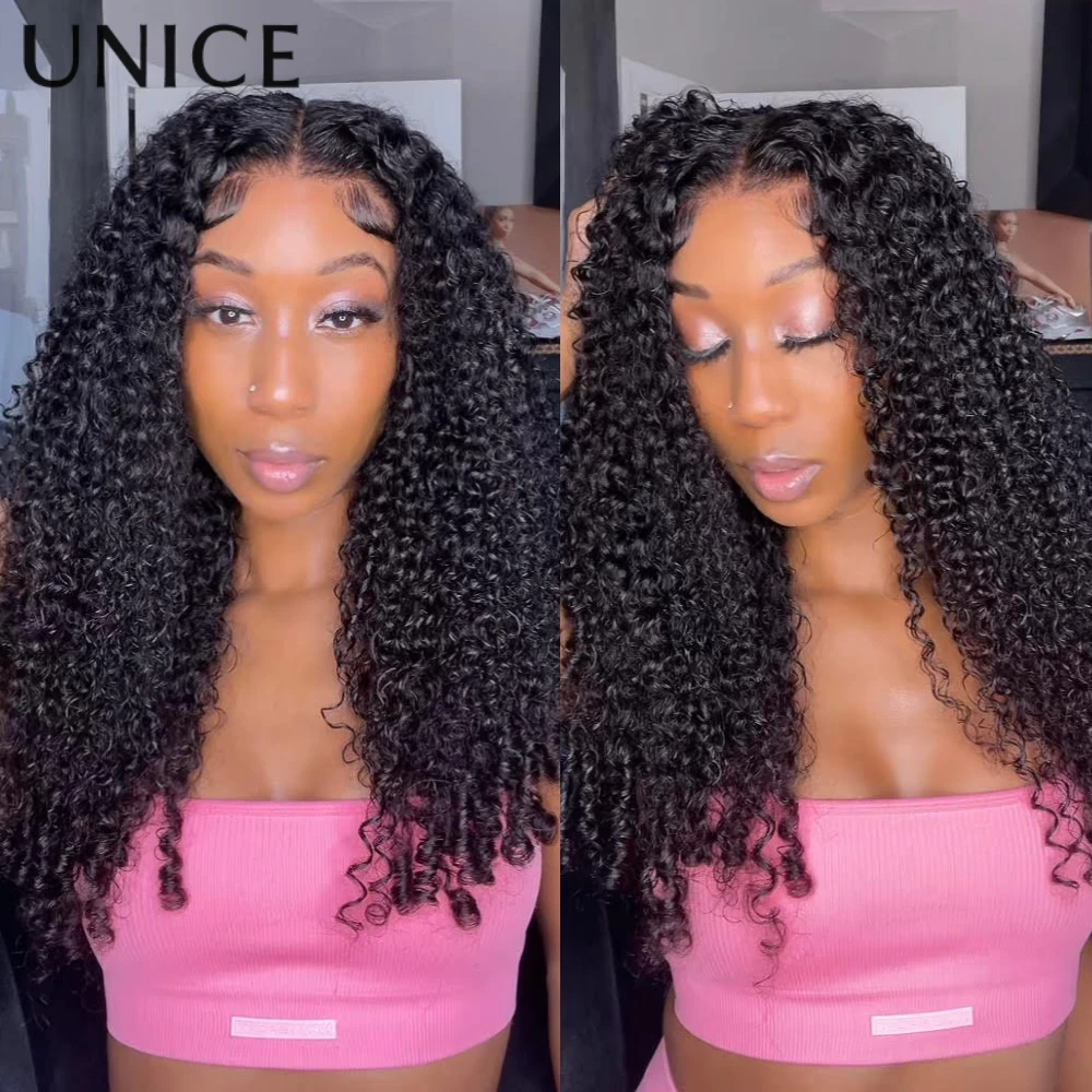 UNice 7x5 и 13x4 Кружевной вьющийся парик из натуральных волос с кончиками пальцев, предварительно выщипанный, предварительно вырезанный, предварительно отбеленный, бесклеевой парик со шнурком