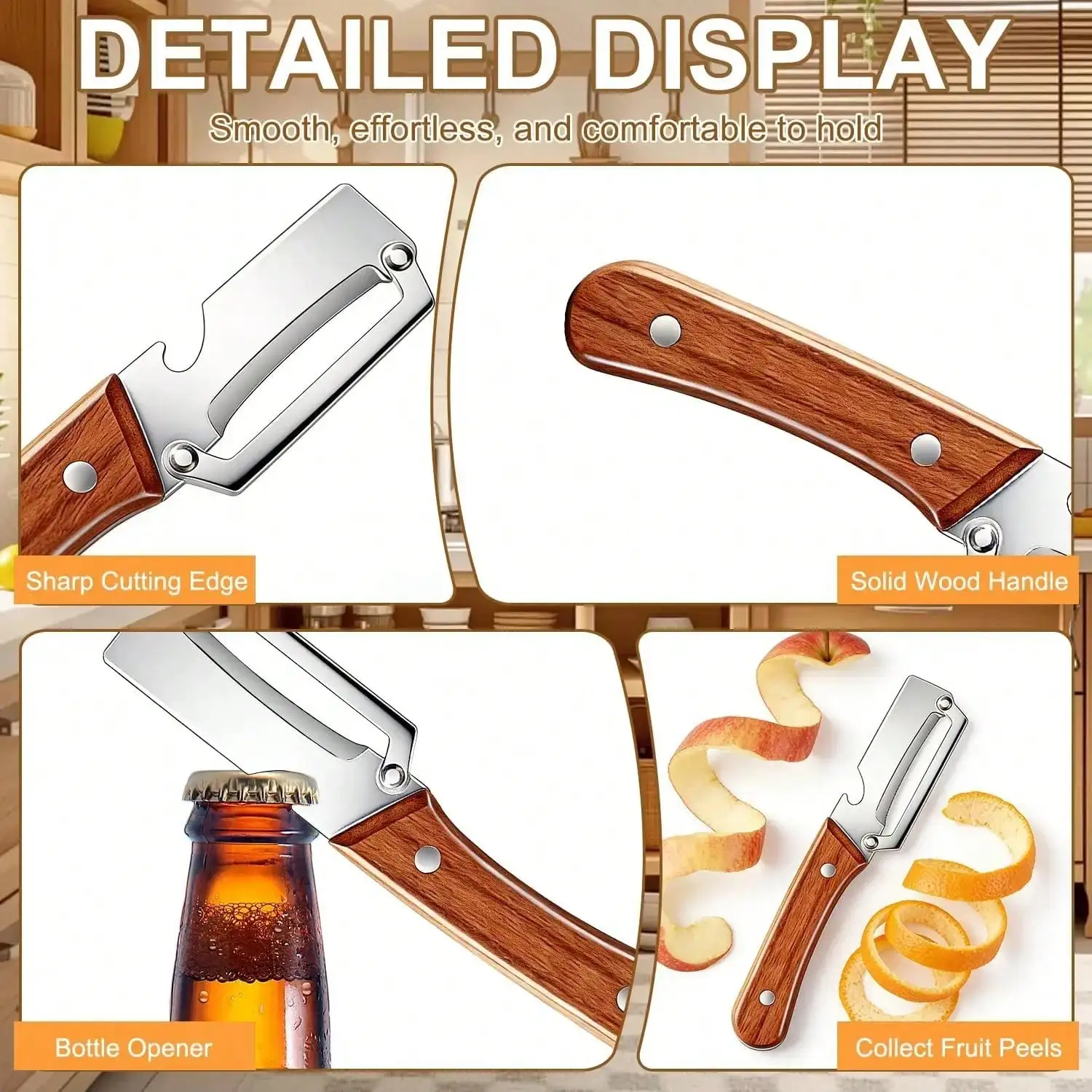 Stainless Steel Vegetable Peeler Wooden Handle Multi-functional Fruit Paring Knife with Bottle Opener 2PCS Durable Potato Carrot Melon Scraping Gadget view 4