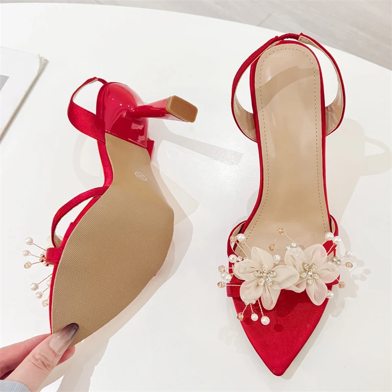 Eilyken CRYSTAL Flower Pointed Toe Women Sandals Summer Fashion Elegant Slingbacks High Heels Party Wedding Shoes view 4
