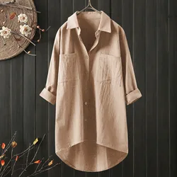 2024 New Women Casual Cotton Linen Shirts Blouse Loose Dress Lapel Neck Button Long Sleeve Cardigan Beachwear Clothes Blusas