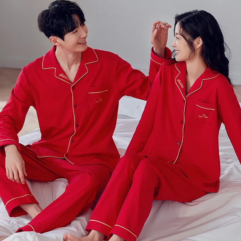 Cotton Red Color Sleepwear for Couples Sweet Cardigan Pajamas Set for Men and Women Matching Loungewear pyjama homme feminino