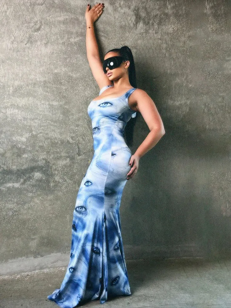 Nibber مثير ماكسي فساتين امرأة عيون طباعة مثير منخفضة الرقبة الانقسام أكمام نحيل عالية الخصر رداء الساخن الفتيات موضة Vestidos #2