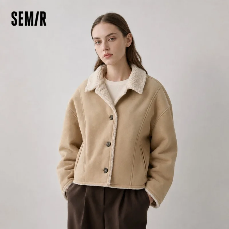 Semir Jacket Women Winter Crossbody Bag Paneled Faux Suede Faux Lamb Wool 2025 New Barn Style Lapel Women's Clothing
