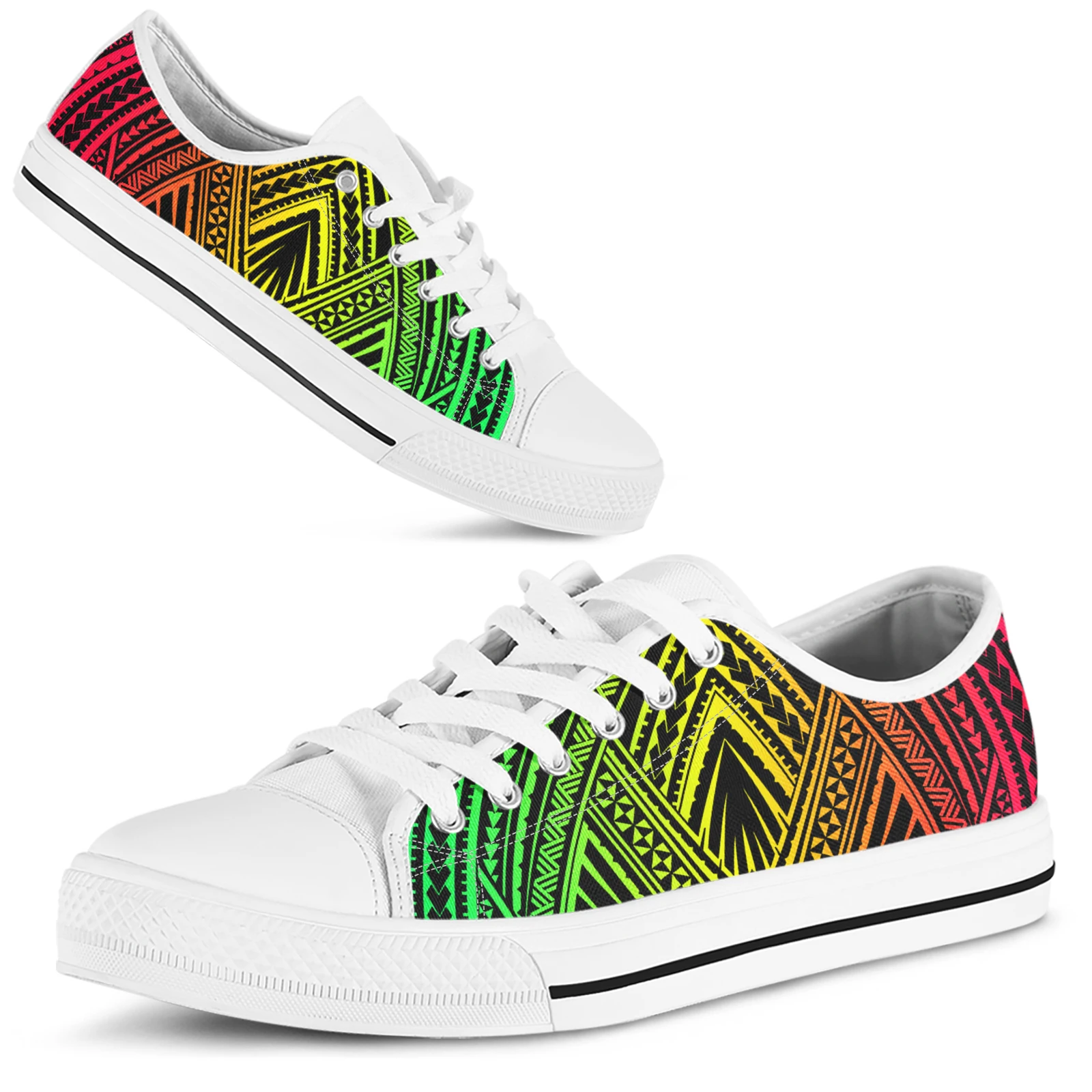 

ELVISWORDS Polynesia Tattoo Hawaii Style Vulcanized Shoes Gradient Rainbow Colorful Women Canvas Low Top Sneakers Fashion Flats