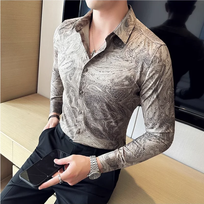 Men's Retro Printed Long Sleeve Shirt 2025 Spring Fashion Slim Fit Casual Tuxedo Social Party Streetwear Mens Clothing 4XL-M