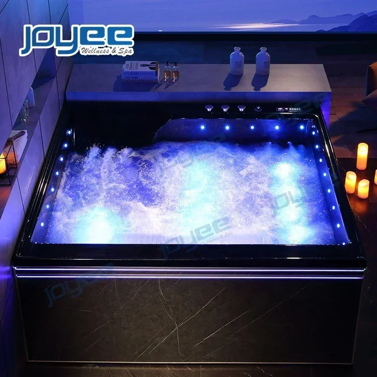 JOYEE new design black acrylic massaging bath tub whirlpools square led bathroom indoor jacuzi bathtub spa for 2 3 person sale