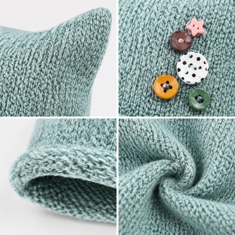 Women's Cats Ear Knit Brimless with Decorative Buttons, Cotton-Polyester Blend Hat with Slouch or Close-Fitting Styling for Wint