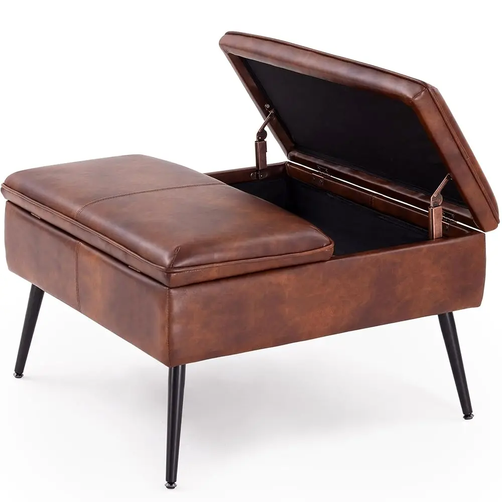 

Square Ottoman with Storage, Large Oversized Ottoman Coffee Table, Double Flipping Lid & Mid-Century Modern & Faux Leather St