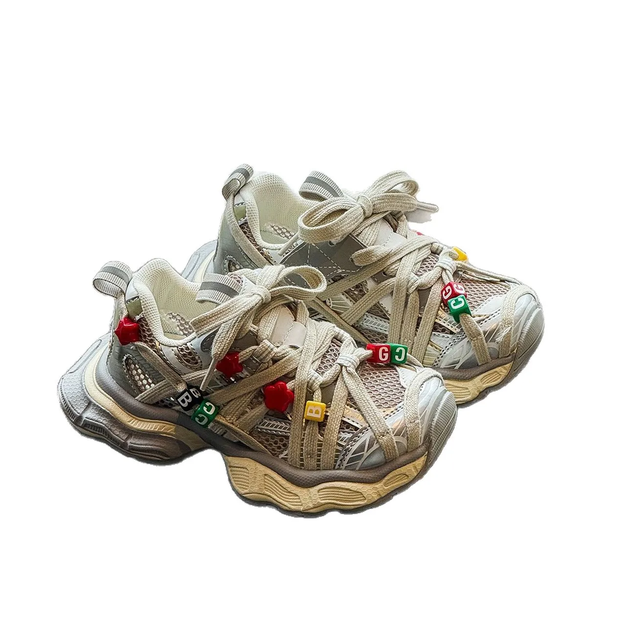 

2026 Summer Toddler Kids Trendy Chunky Extreme Lace Sneakers Boys Girls Children Mesh Breathable Unisex Letter Decorated Shoes
